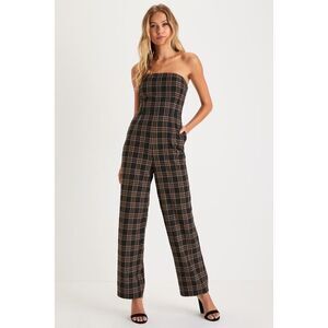 Lulus Sophisticated Mood Black Plaid Strapless Straight Leg Jumpsuit - Size XS